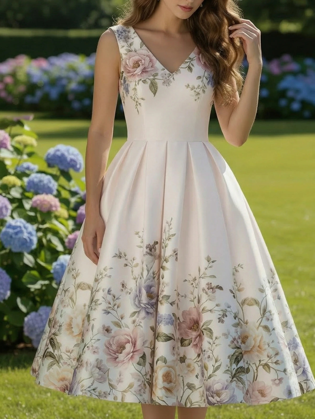 Women V Neck Sleeveless Pleated Floral Swing Midi Dress