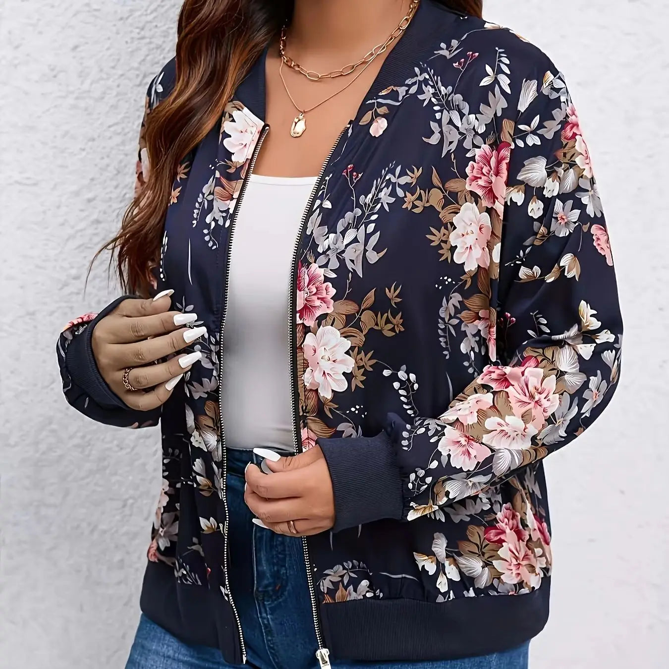 Plus Size Navy Blue Floral Print Baseball Jacket
