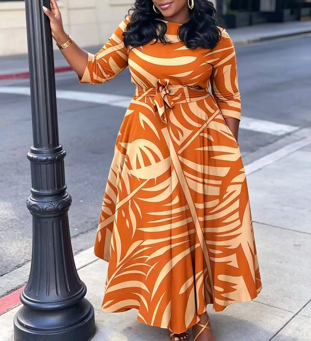 Palm Leaf Print Midi Dress With Cinched Waist And Pockets