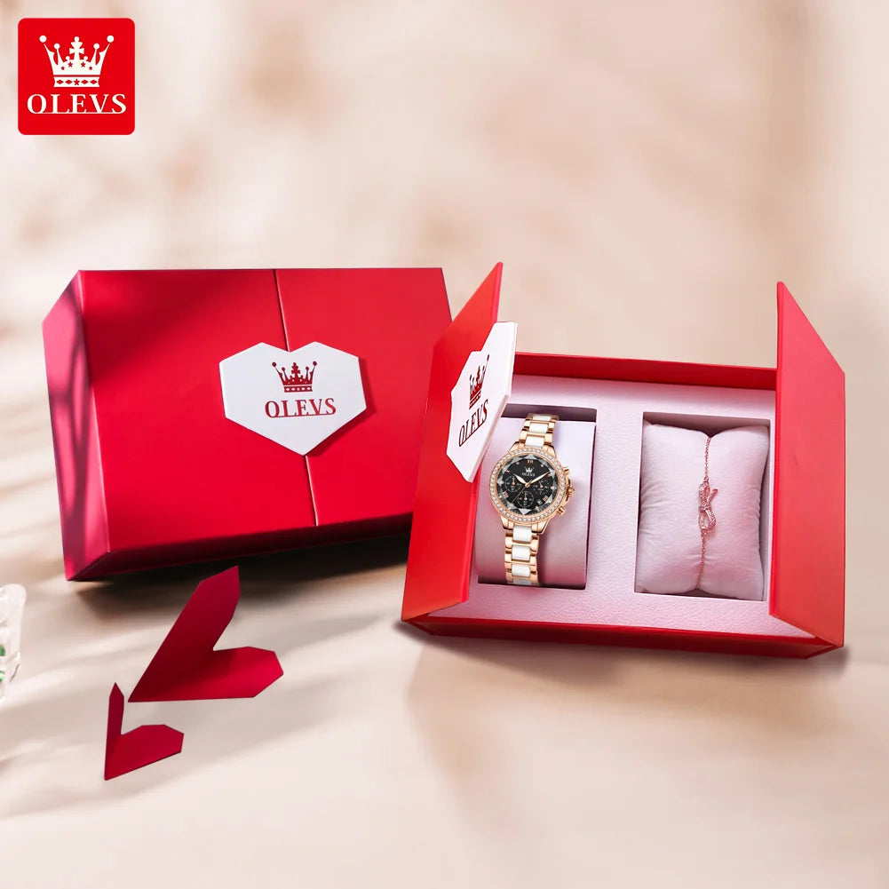 OLEVS Elegant Ceramic Chronograph Womens Watch Waterproof Dress