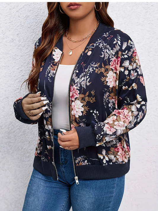 Plus Size Navy Blue Floral Print Baseball Jacket