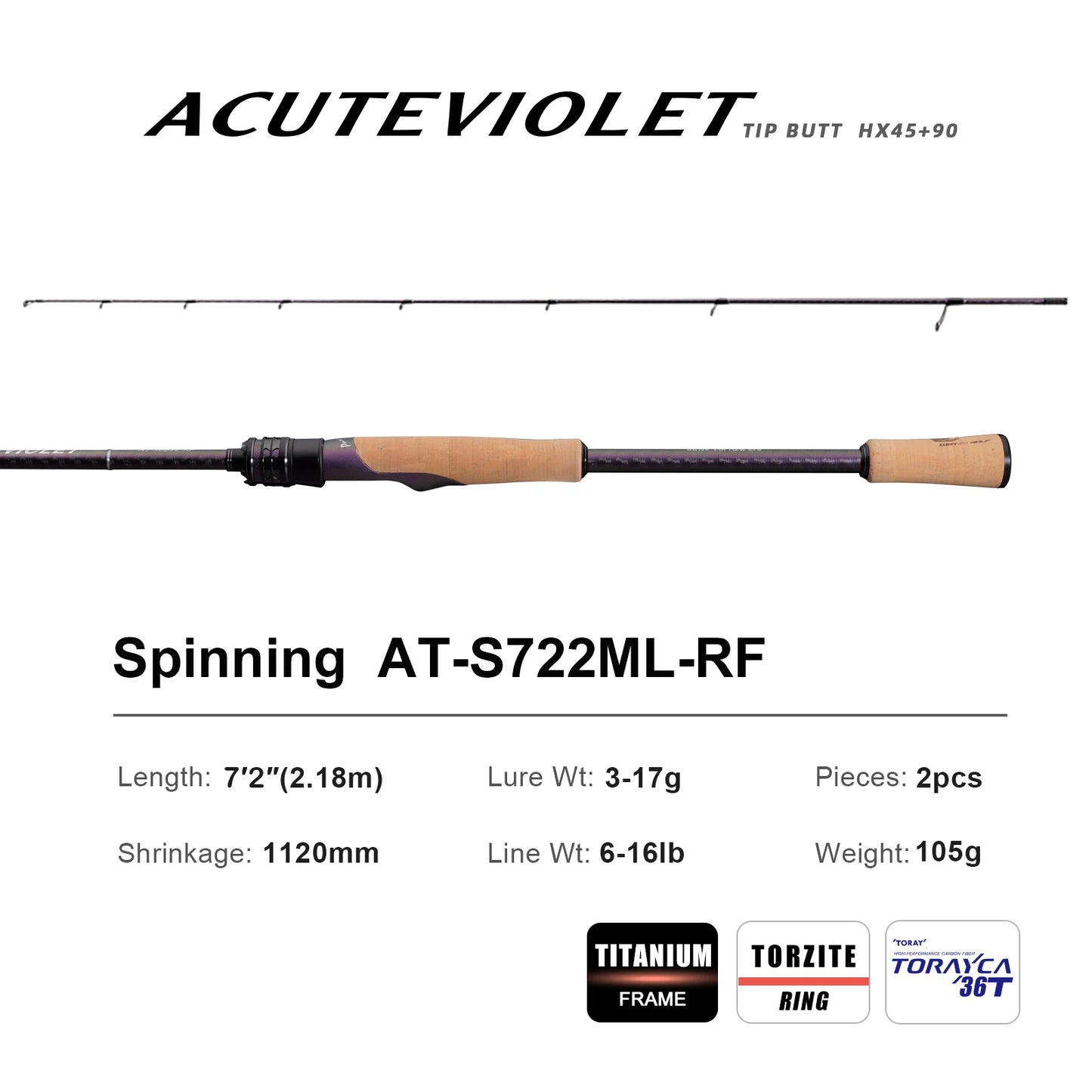 PureLure Acute Violet Bass Fishing Rod 2-Piece Fast Action