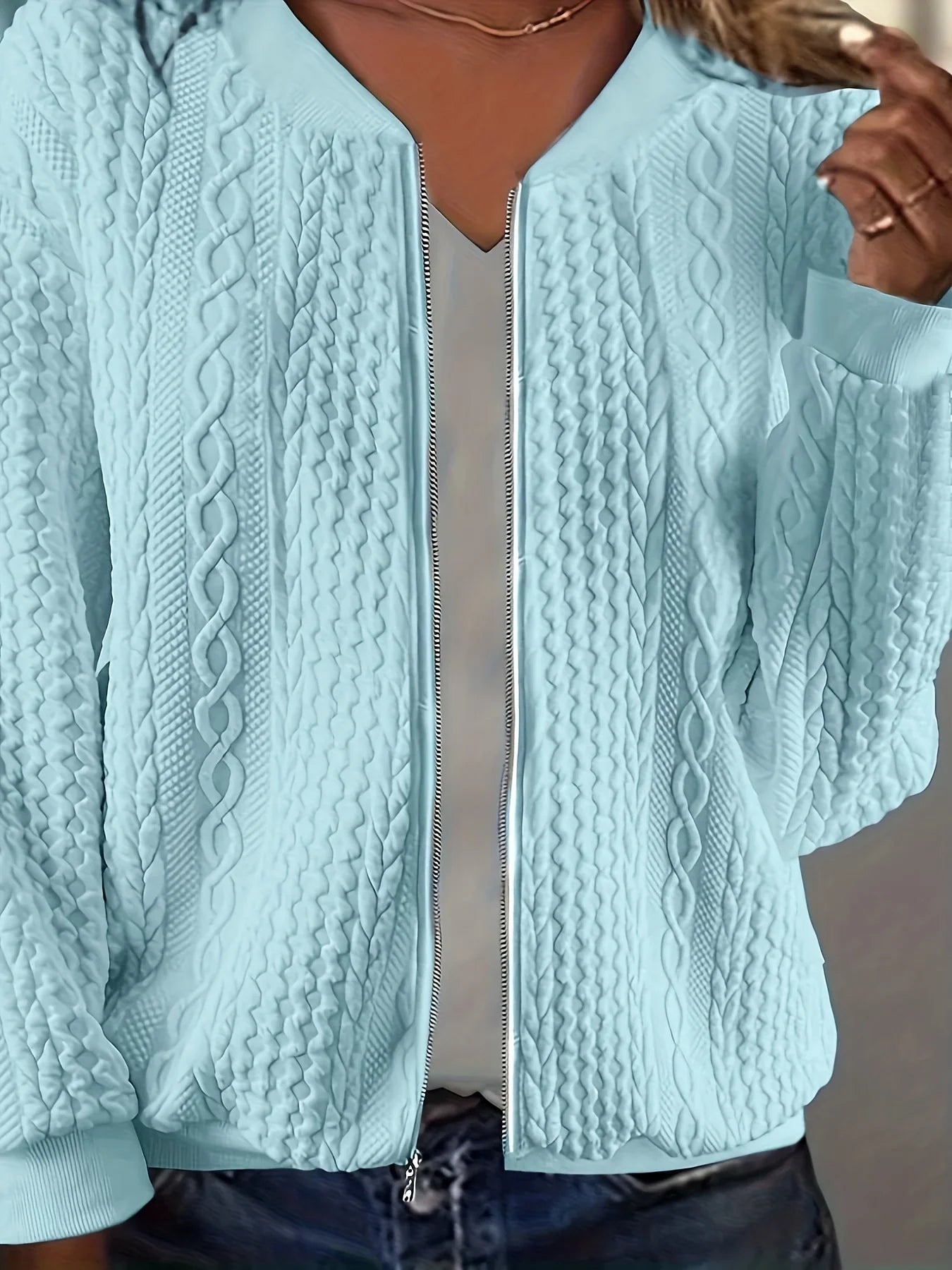 Plus Size Women Cable Knit V Neck Zip Jacket