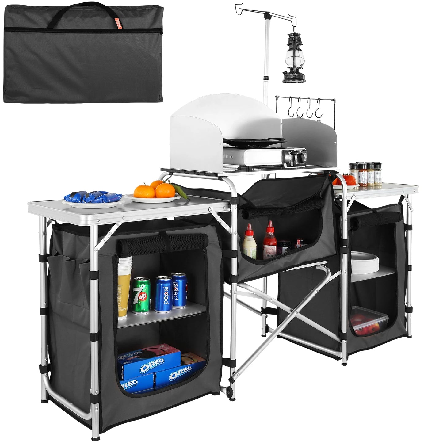 SucceBuy Foldable Camping Kitchen Table And Storage Rack Outdoor Cooking