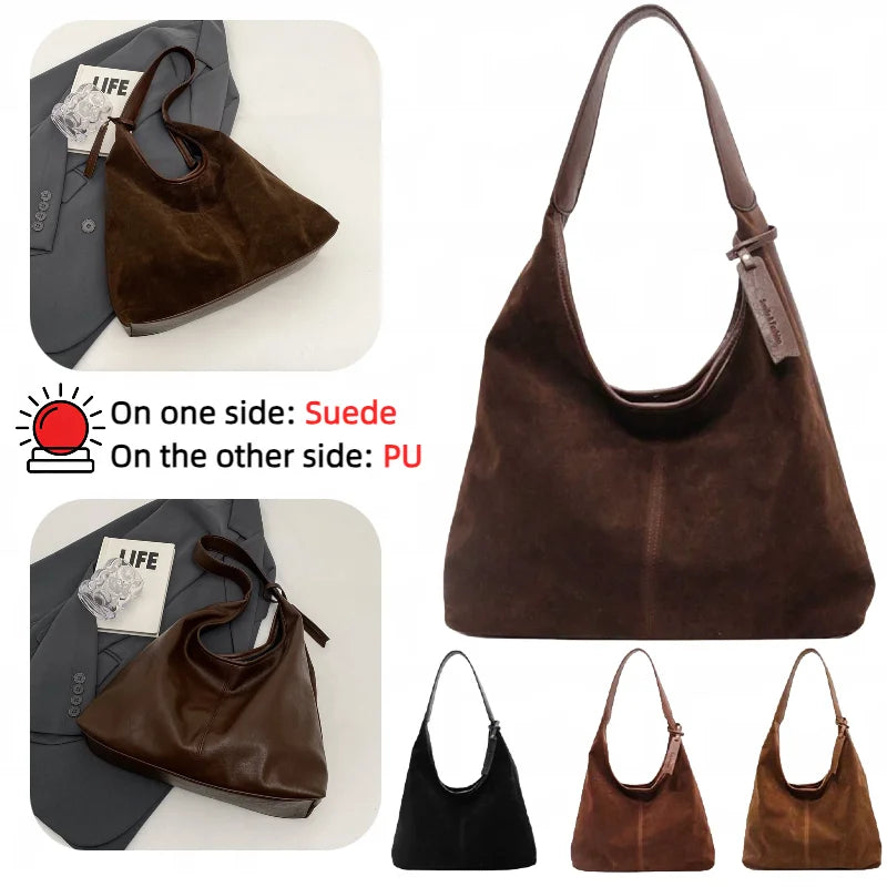 Women Suede Tote Bag Magnetic Closure Slouchy Retro Shoulder Bag
