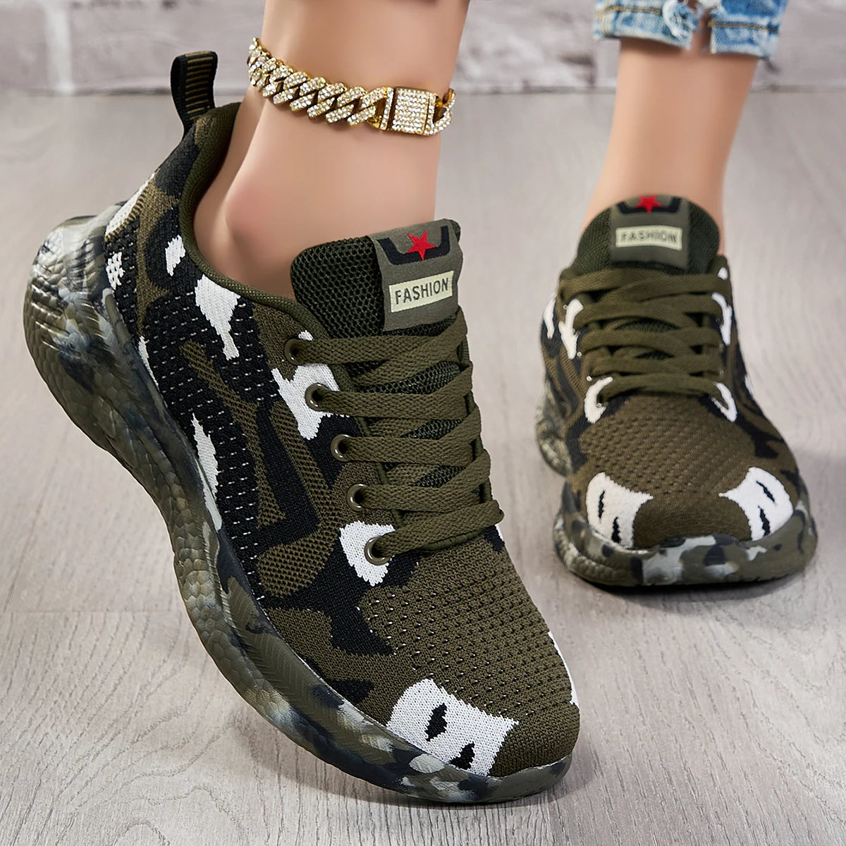 Women Camo Print Flying Knit Sneakers Breathable Mesh Lightweight Lace Up Shoes