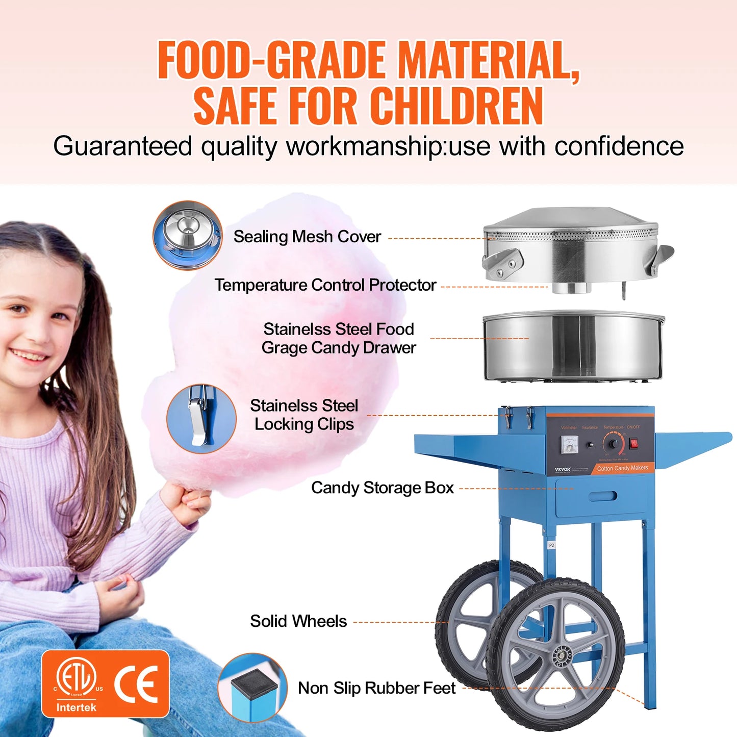 SucceBuy Commercial Electric Cotton Candy Machine With Cart And Drawer