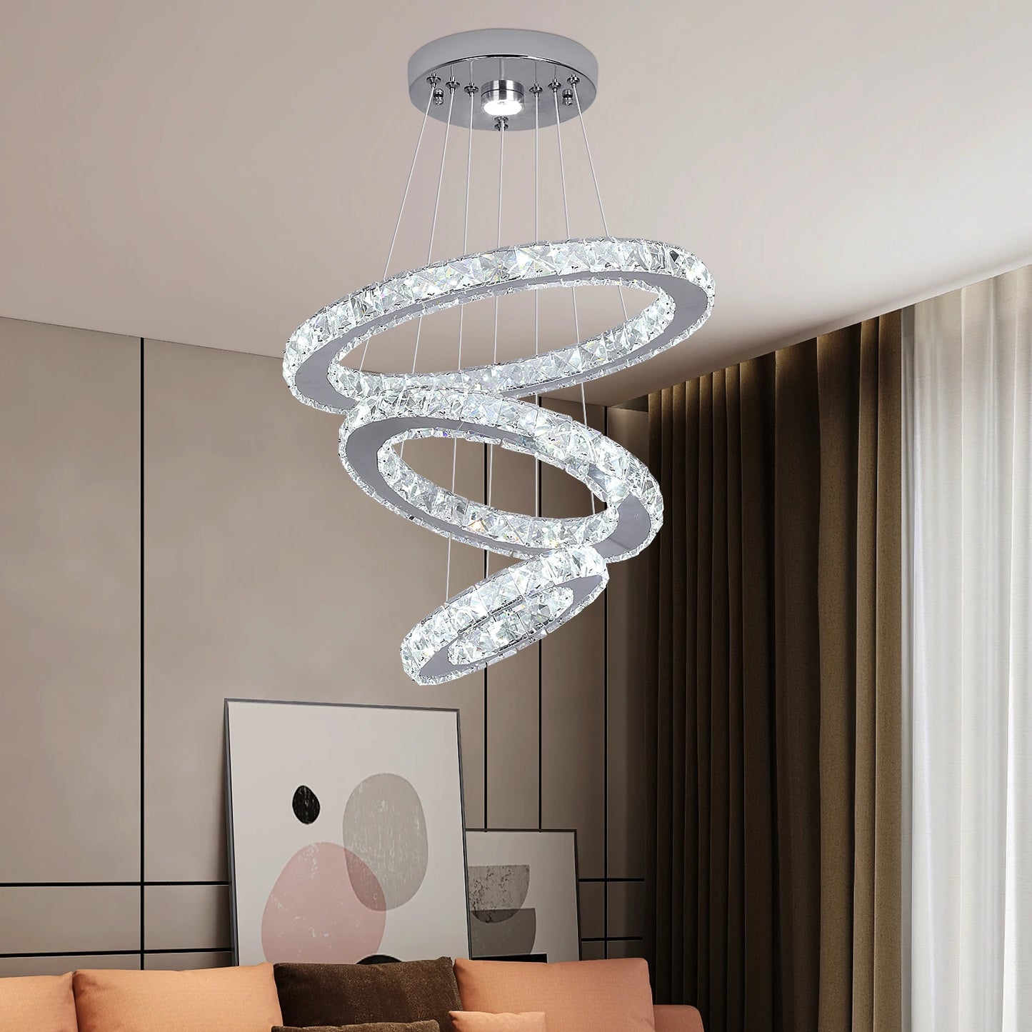 GreeLustr Modern LED Pendant Light Crystal Rings Dimmable Chandelier