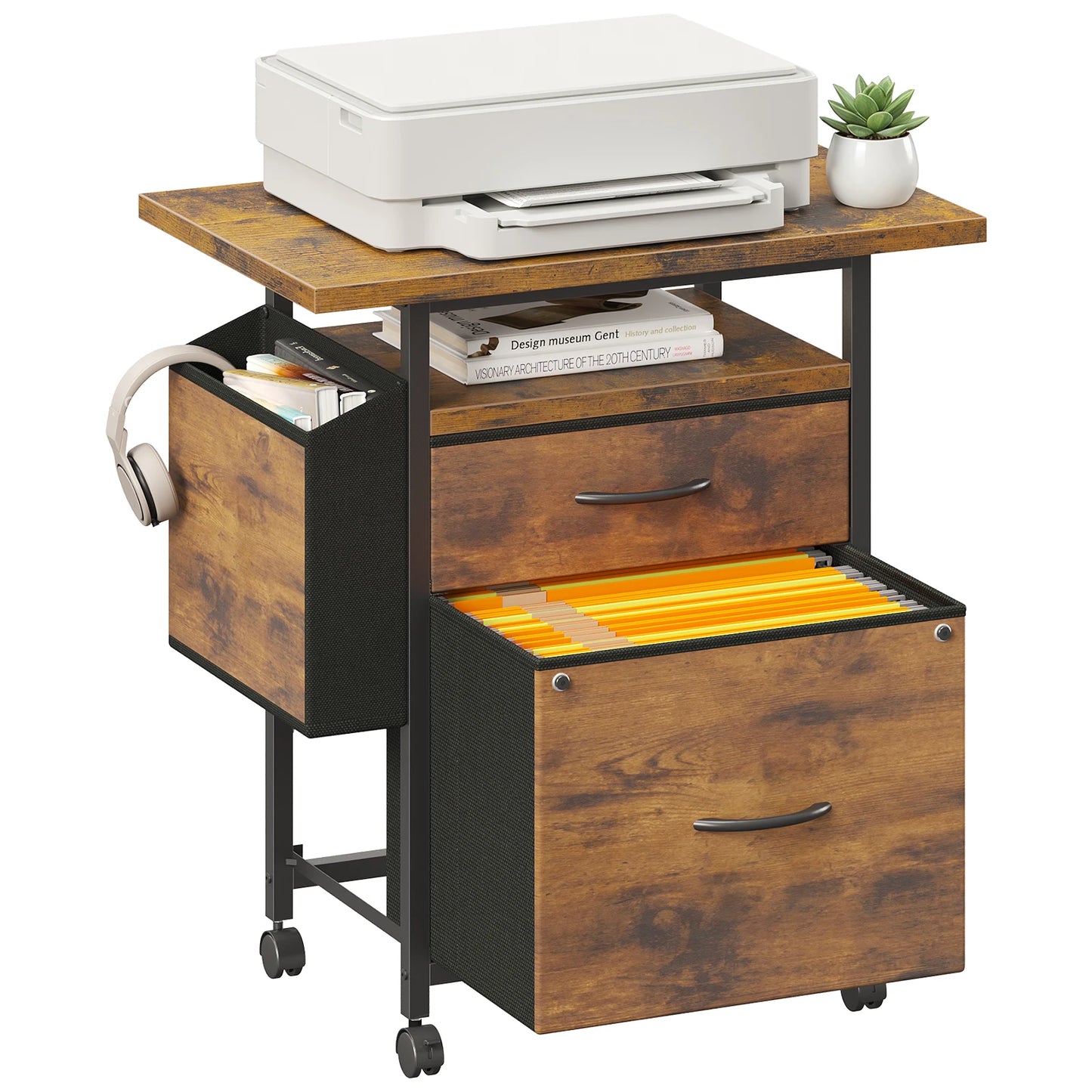 JHK Wheeled Mobile File Cabinet With 2 Fabric Drawers And Open Shelf