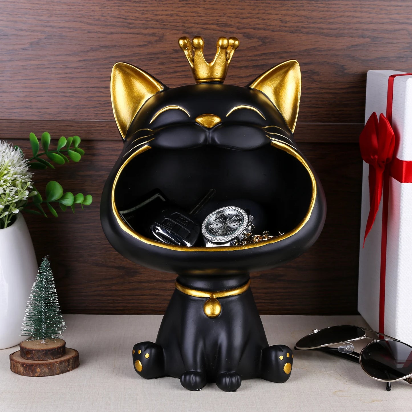 Resin Laughing Cat Statue Lucky Cat Desk Decoration Storage Box
