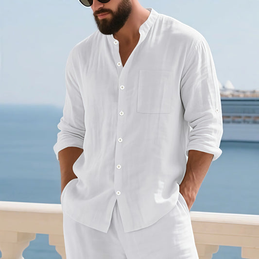 Men Linen Button Down Shirt With Mandarin Collar Chest Pocket Breathable