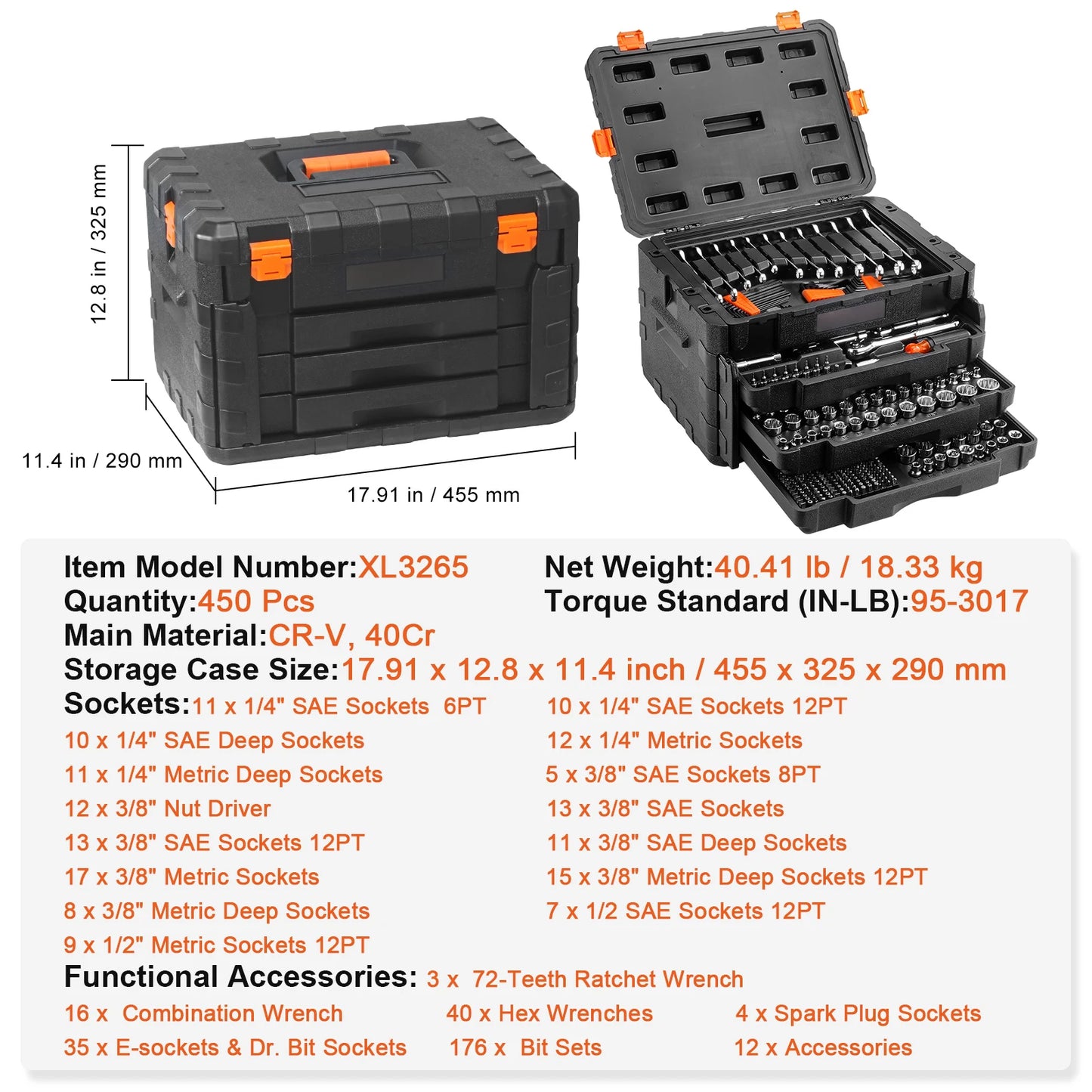 SucceBuy Mechanics Socket And Tool Kit 450 Pieces SAE Metric