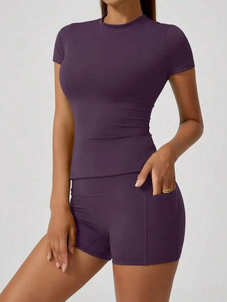 Womens Sports Short Sleeve High Waist Tummy Control Butt Lifting Shorts Set