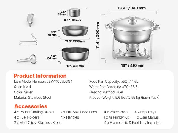 SucceBuy 4 Pack Stainless Steel Chafing Dish Buffet Set Warmer