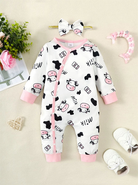 Mioglrie Baby Girl Romper Set Cow Print Jumpsuit Headband