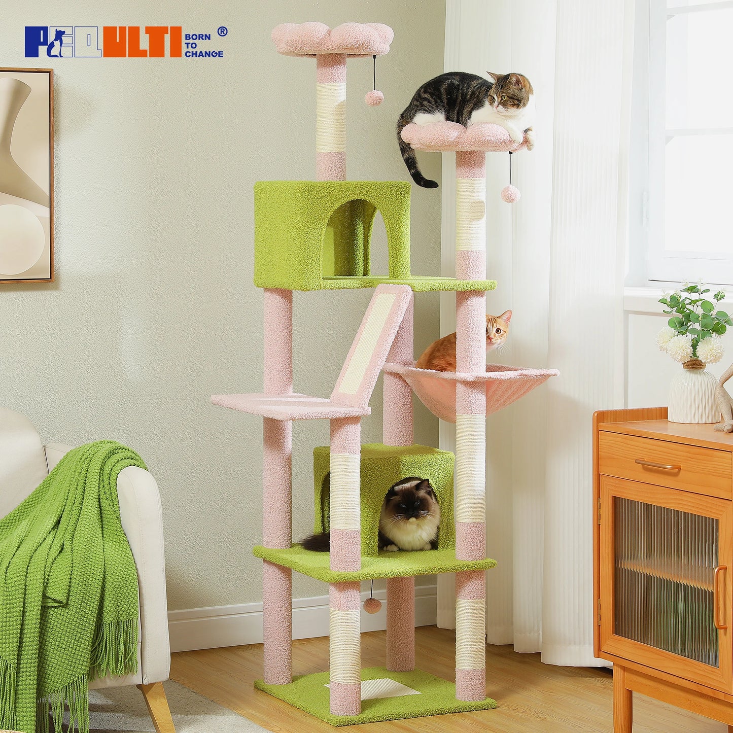 PEQULTI Multi Level Cat Tree Scratching Posts Hammock Cozy Condo