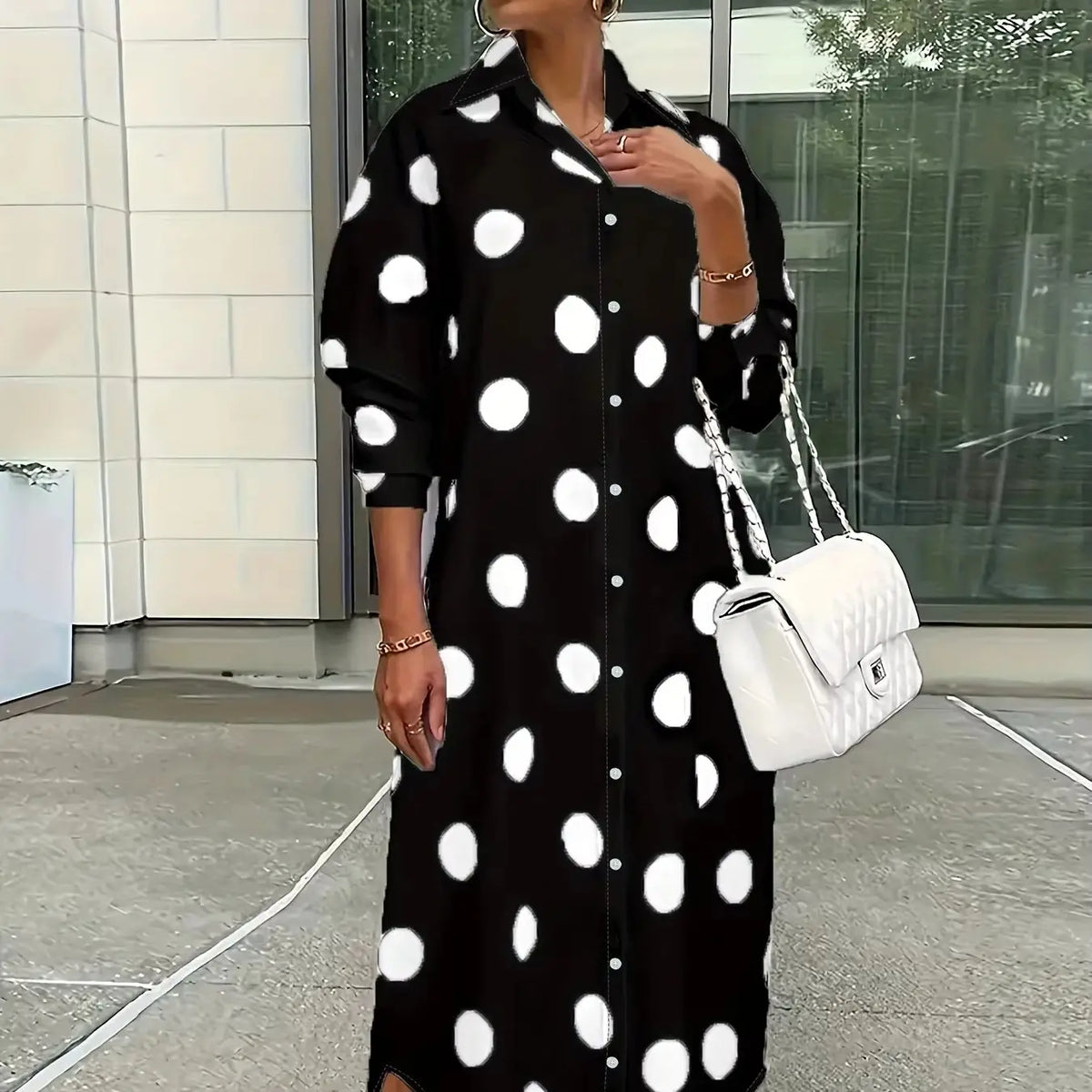Women's Polka Dot Lapel Long Sleeve Midi Shirt Dress