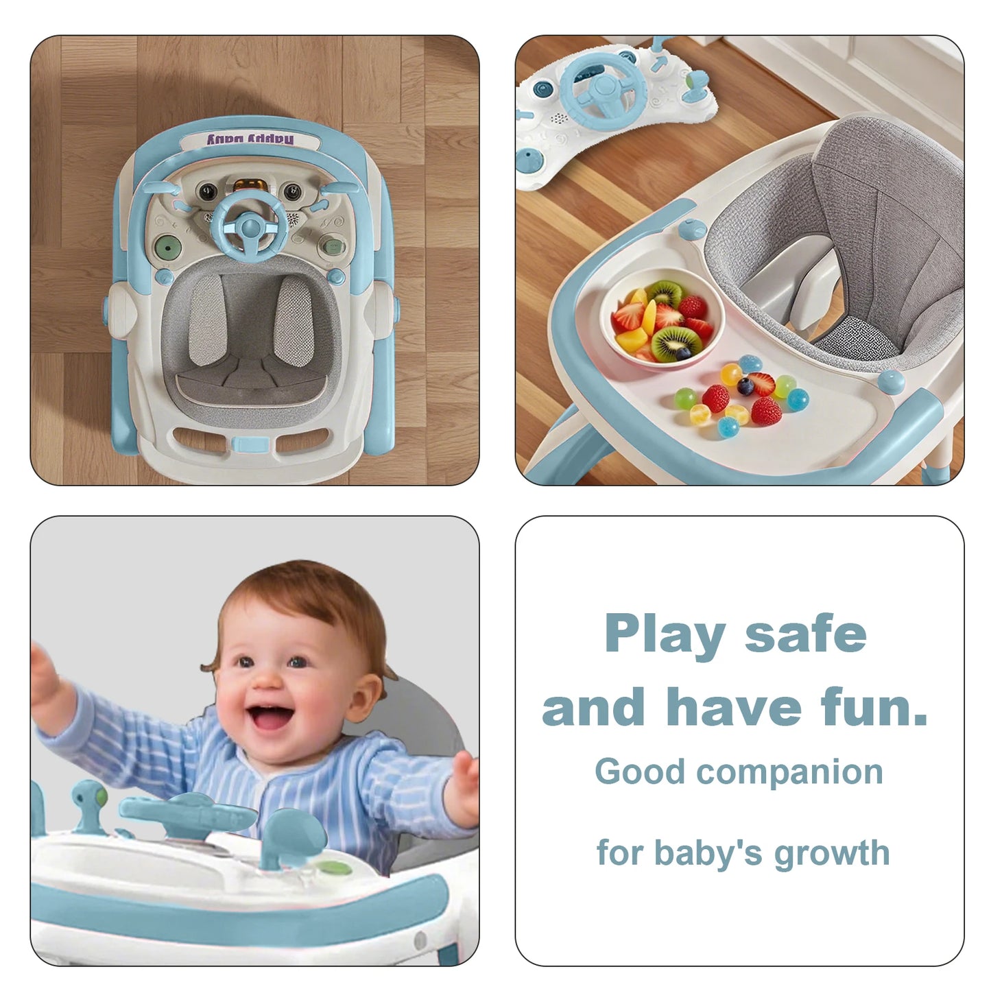 4 In 1 Baby Walker With Sunshade Removable Tray Foldable