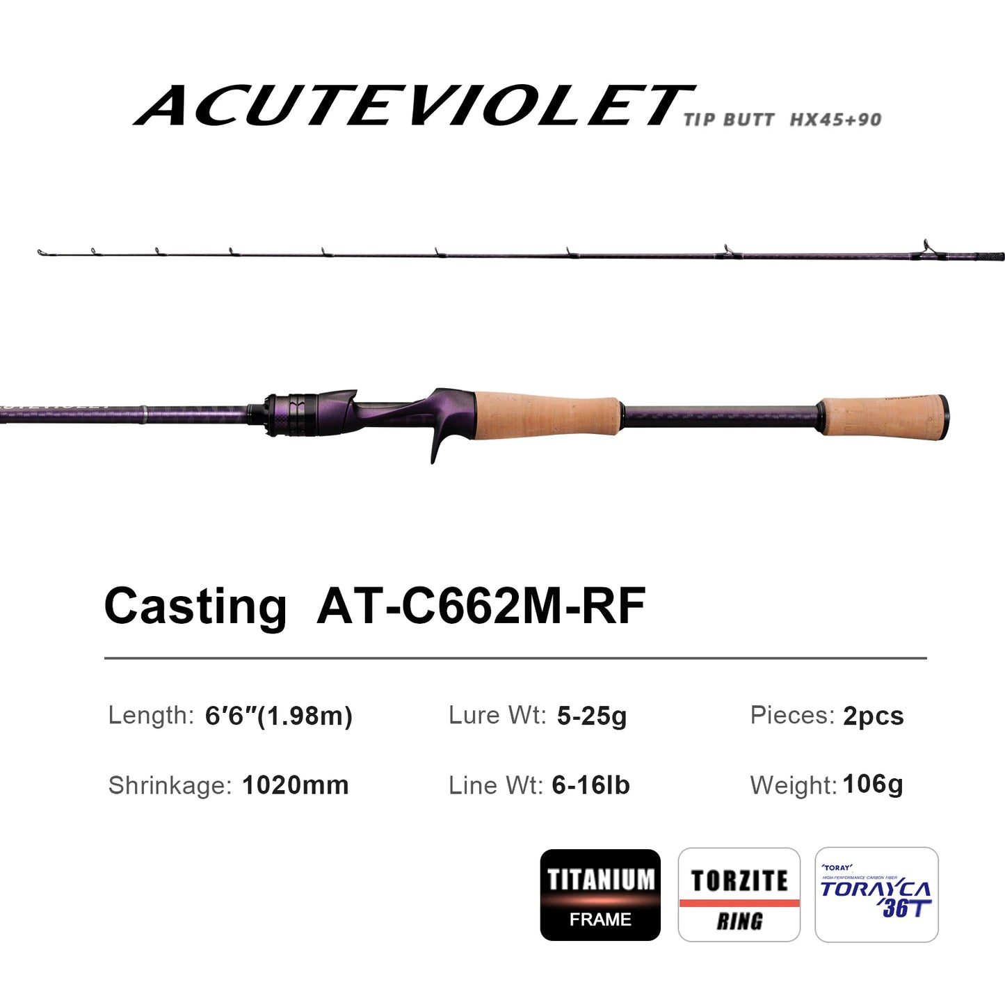 PureLure Acute Violet Bass Fishing Rod 2-Piece Fast Action