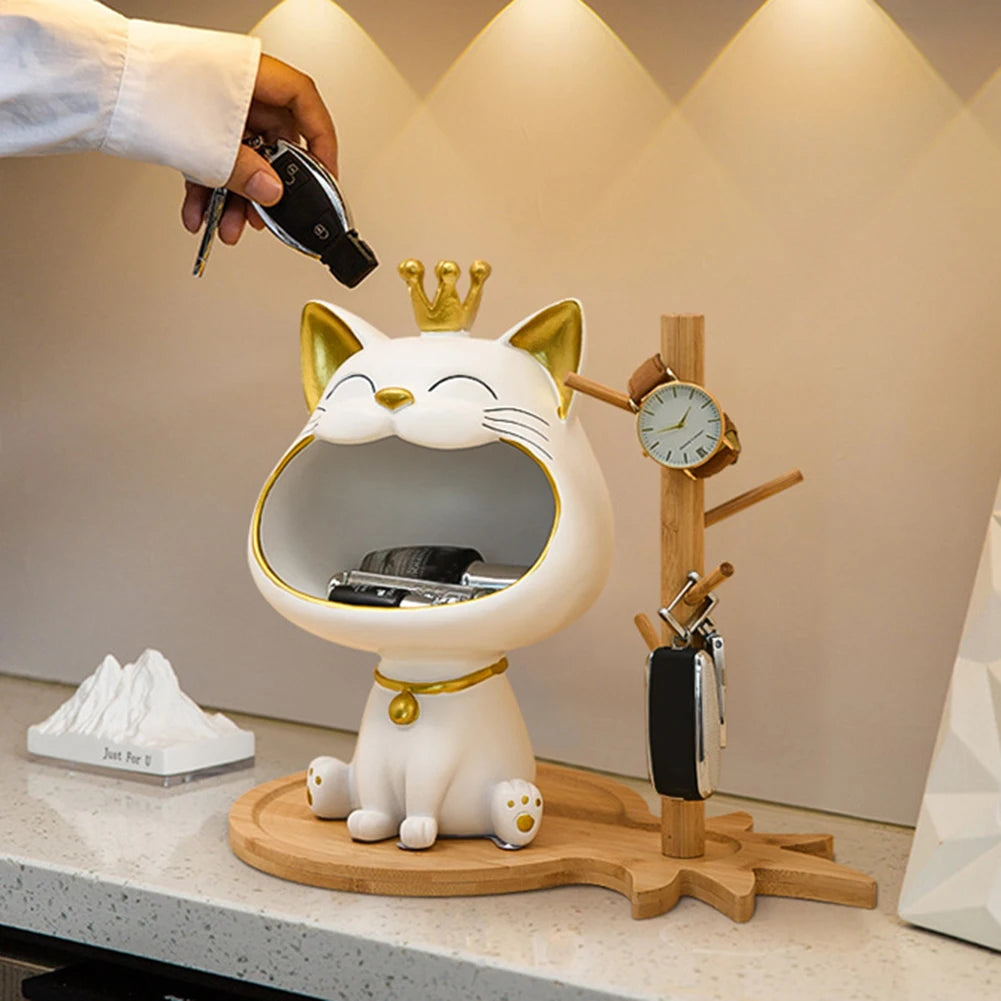 Resin Laughing Cat Statue Lucky Cat Desk Decoration Storage Box