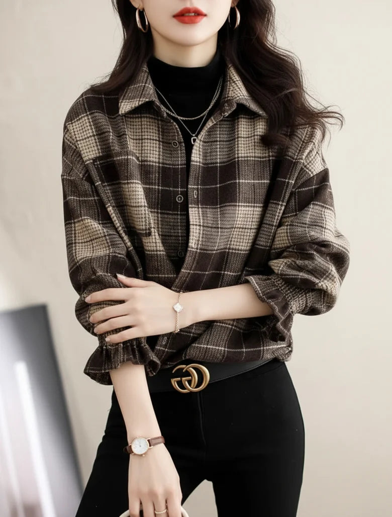 Women Plaid Polyester Lapel Button Front Loose Summer Blouse