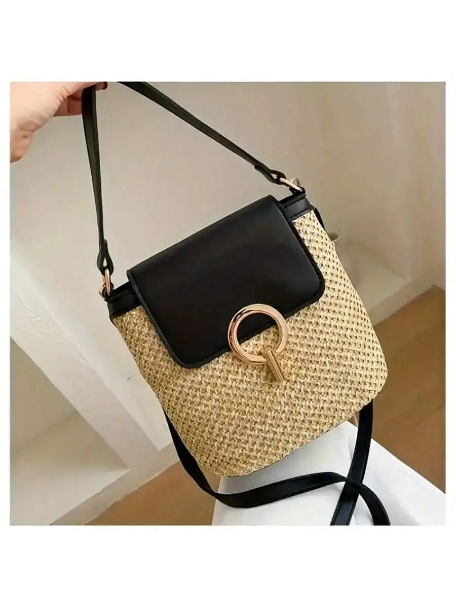Woven Beach Crossbody Bag With Adjustable Strap And Golden Lock