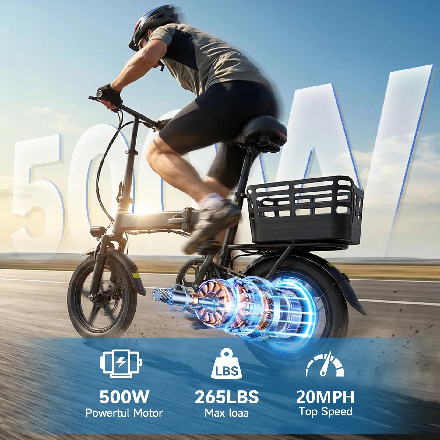 14 Inch Folding Electric Bike 500W Peak Motor