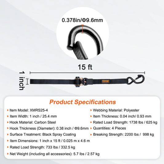 SucceBuy 4-Pack Ratchet Tie Down Straps With Padded Handles And S Hooks