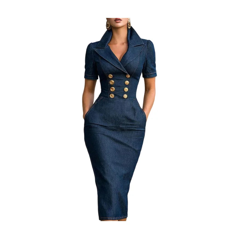 Women's Lapel Short Sleeve Double Breasted Fitted Midi Dress