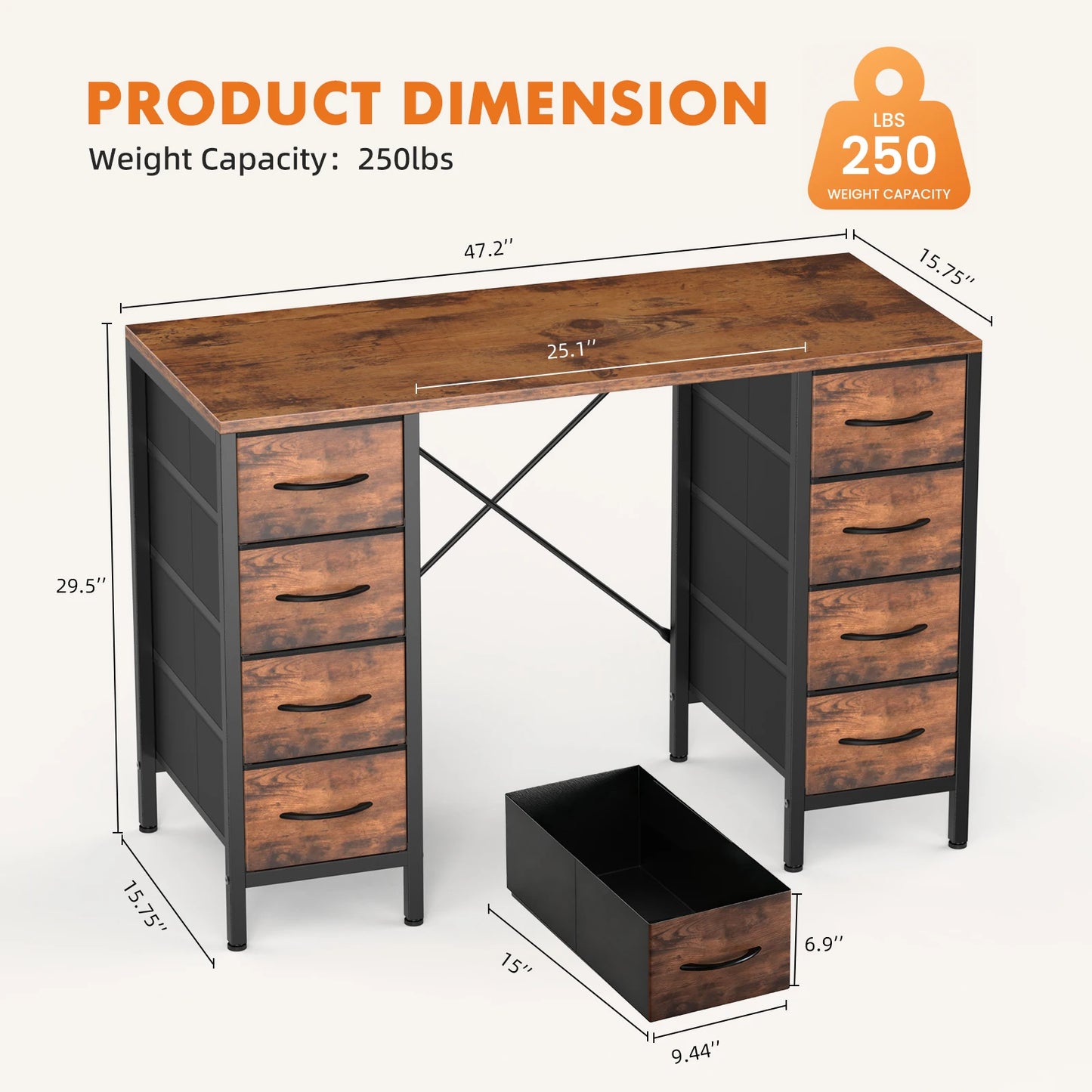 JHK Computer Desk With 8 Fabric Drawers And X Frame