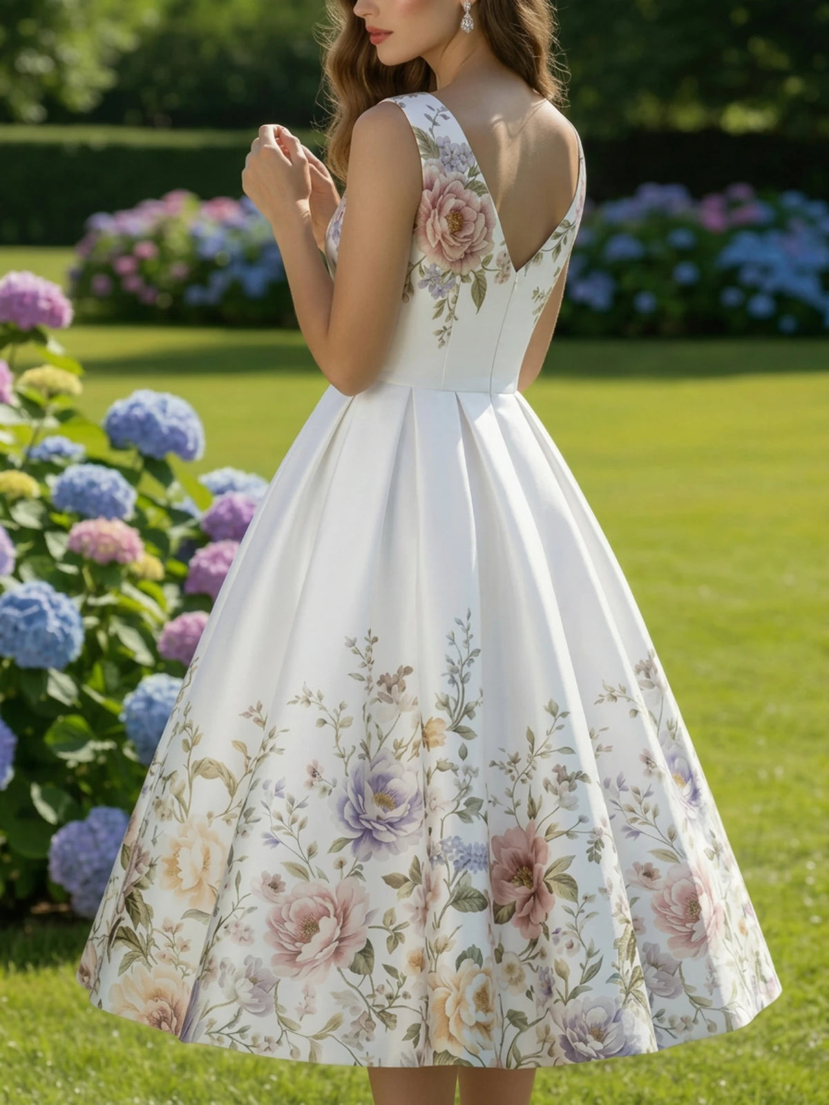 Women V Neck Sleeveless Pleated Floral Swing Midi Dress