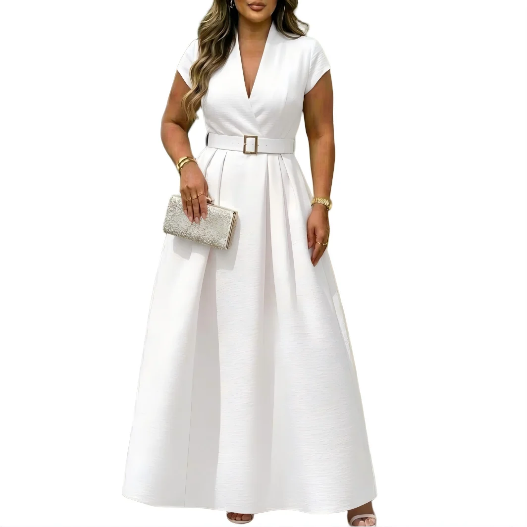 Women Elegant Lapel Wrap Belted Pleated Swing Maxi Dress