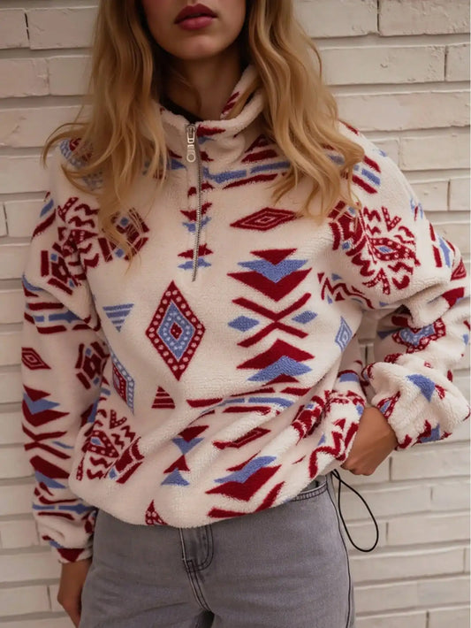 Fisoew Christmas Geometric Print Fleece Half Zip Pullover