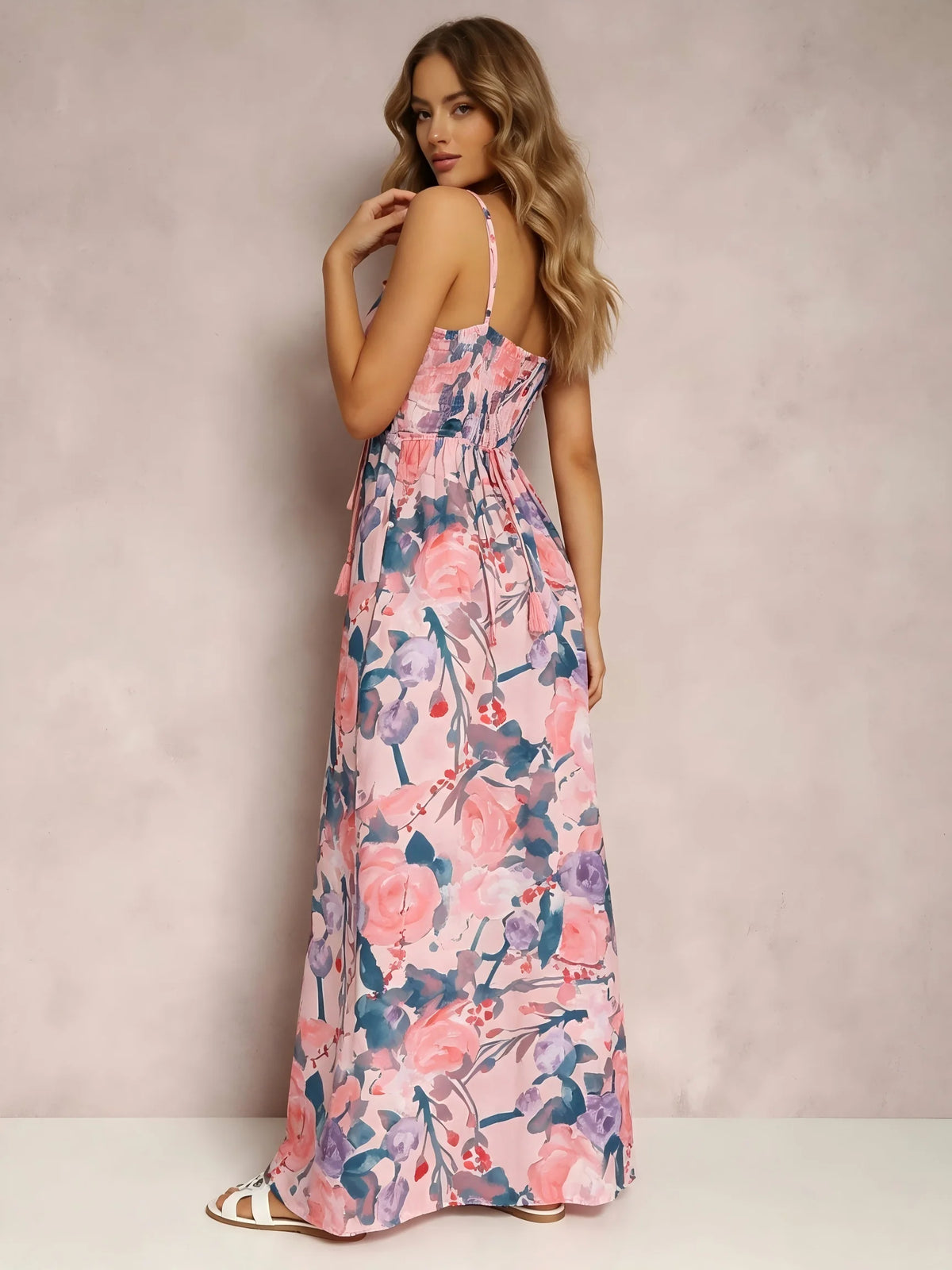 Women Floral Print V Neck Spaghetti Strap Maxi Dress