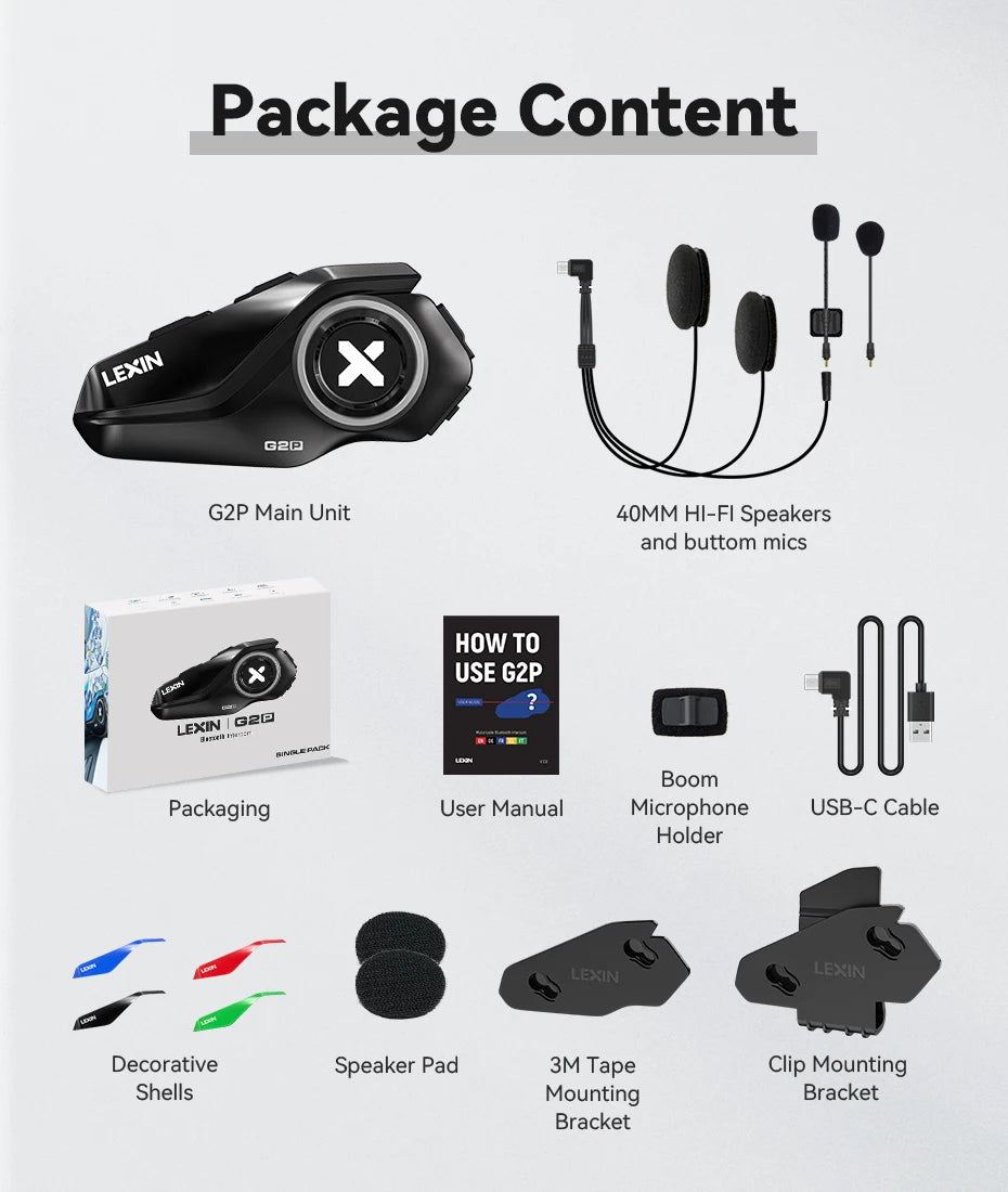 Lexin G2P Motorcycle Bluetooth Headset Intercom For Up To 6 Riders
