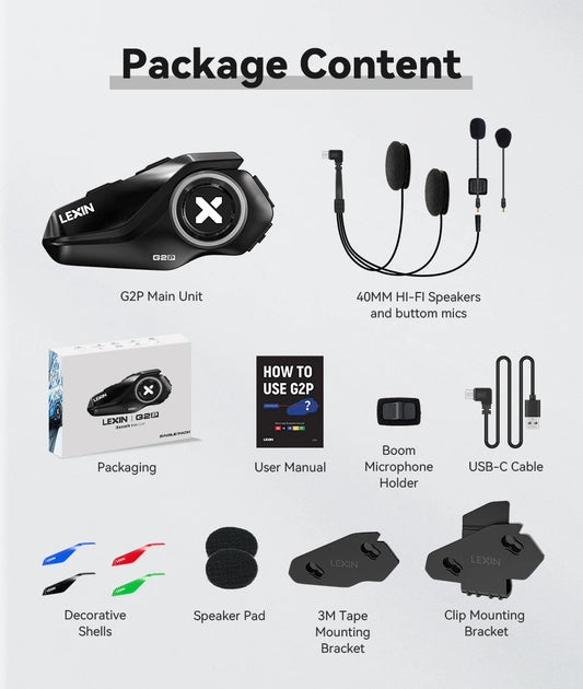 Lexin G2P Motorcycle Bluetooth Headset Intercom For Up To 6 Riders