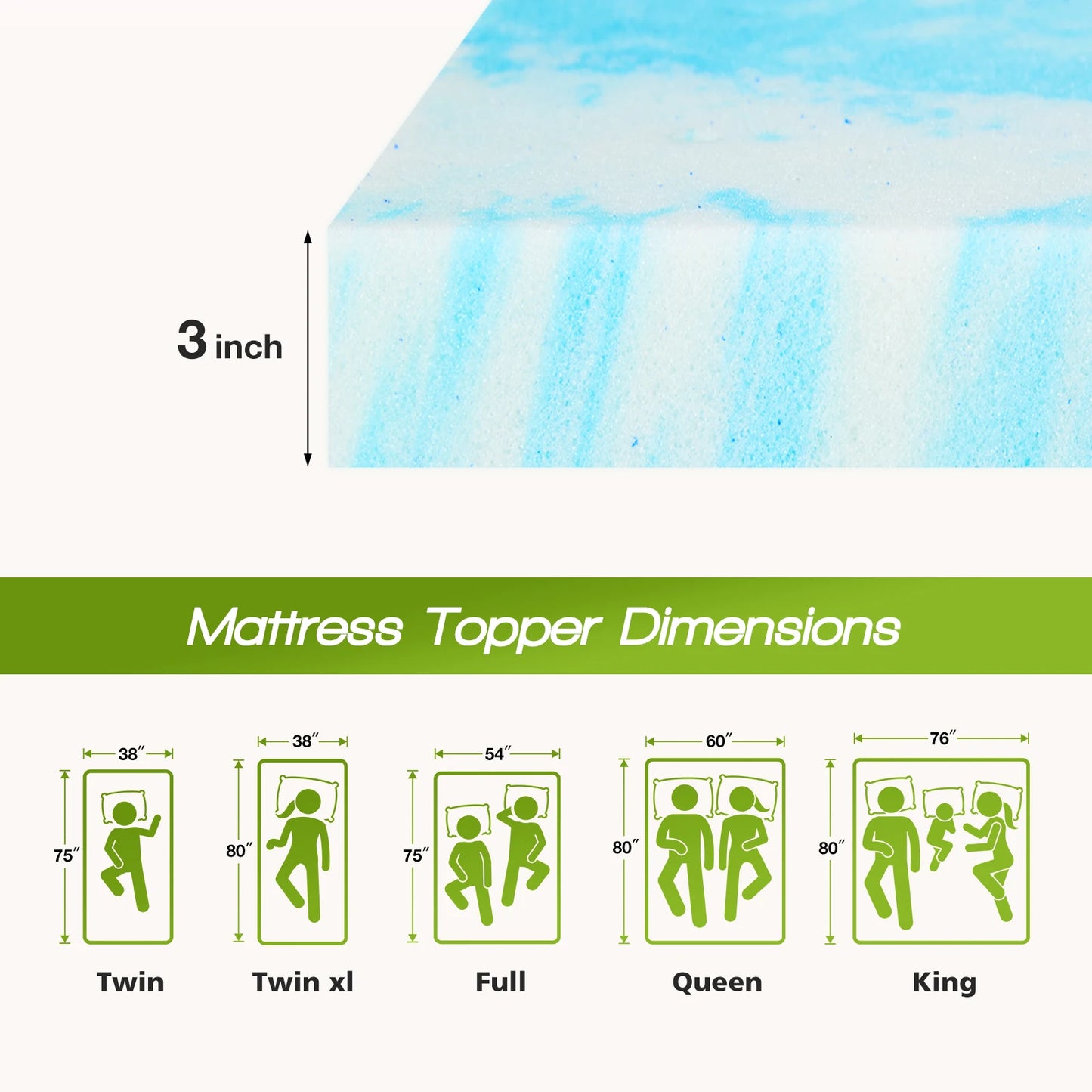 JHK Memory Foam Mattress Topper Gel Cooling Soft And Breathable