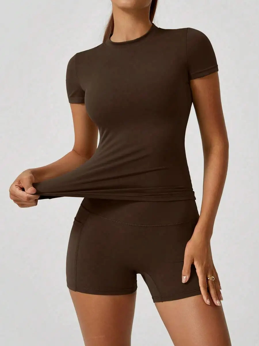 Womens Sports Short Sleeve High Waist Tummy Control Butt Lifting Shorts Set