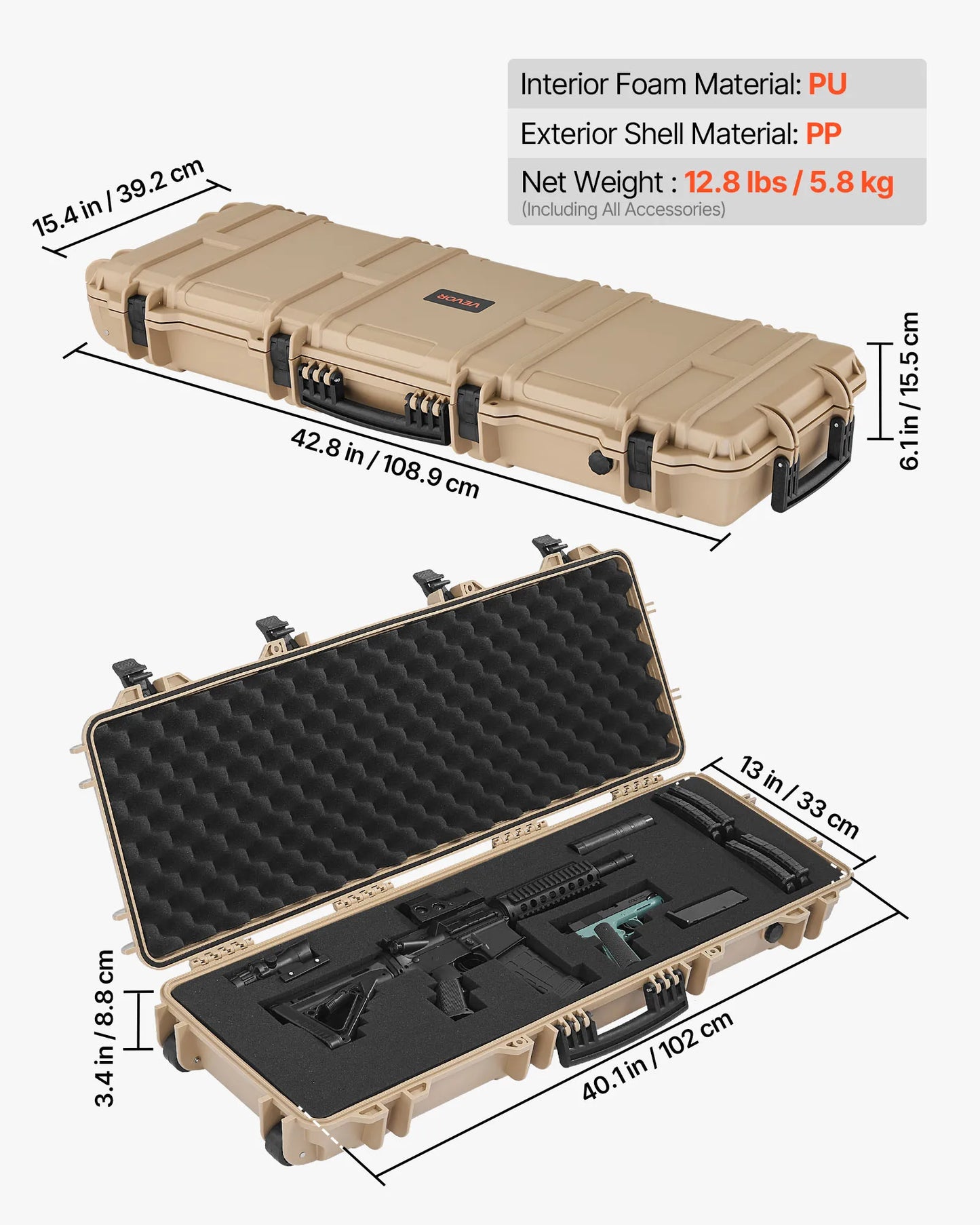 SucceBuy Lockable Hard Rifle Case With Pre-Cut Foams And Wheels IP67 Waterproof