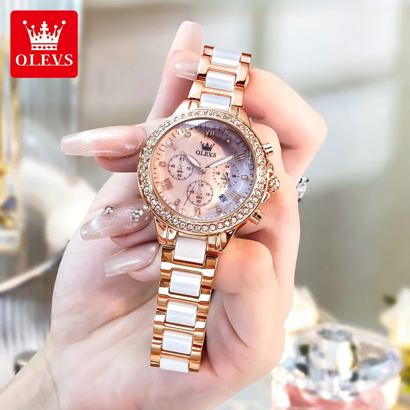 OLEVS Women Ceramic Watch Chronograph Elegant Waterproof Quartz Reloj Mujer