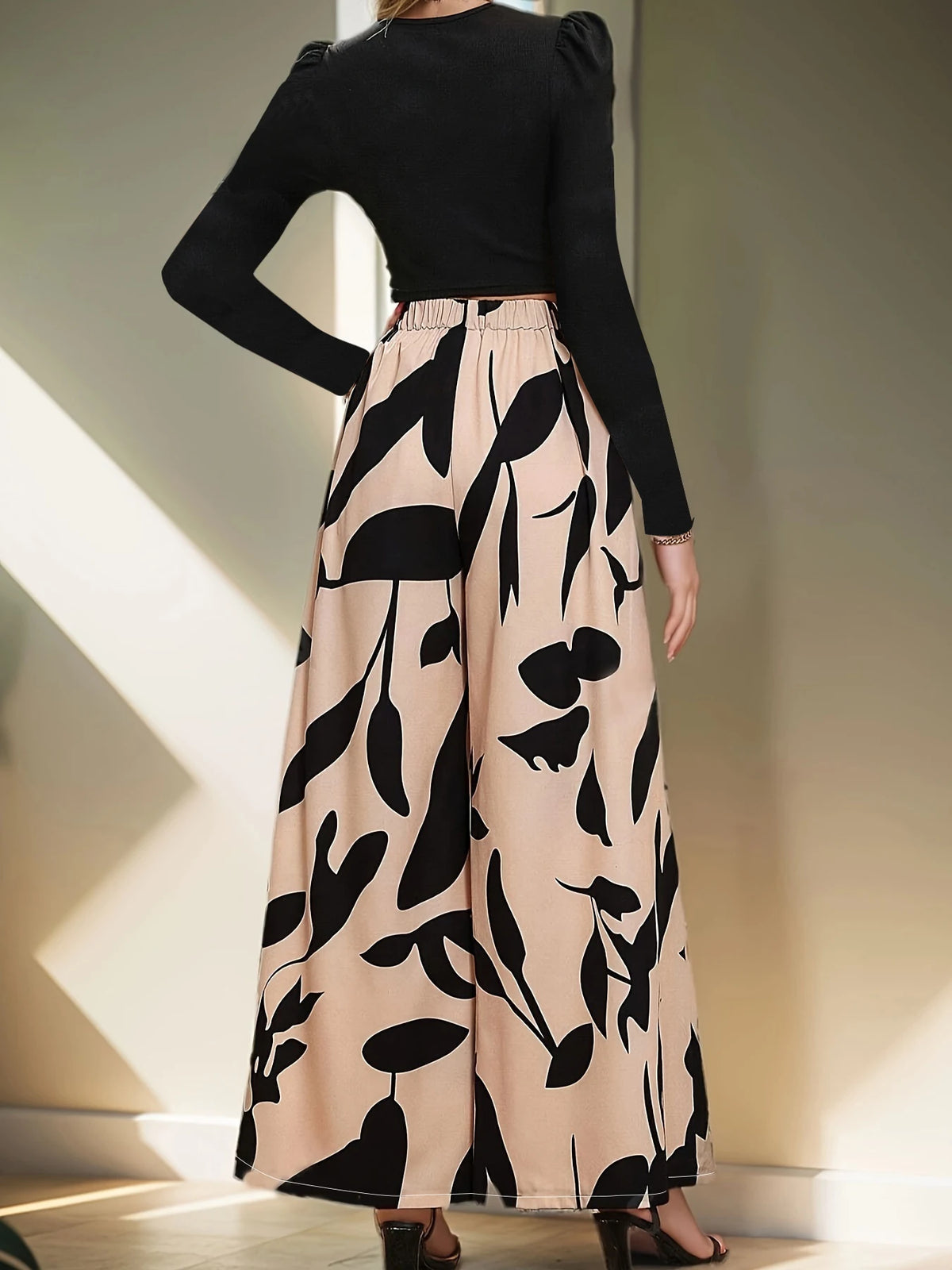 Women's High Waist Floral Print Wide Leg Polyester Pants