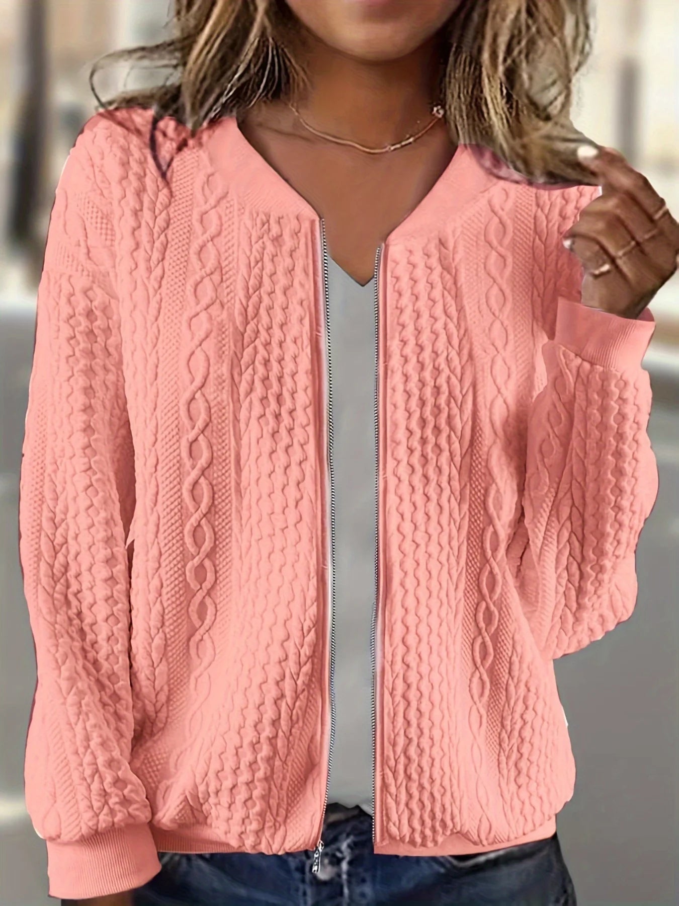 Plus Size Women Cable Knit V Neck Zip Jacket