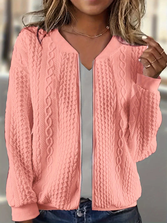 Plus Size Women Cable Knit V Neck Zip Jacket