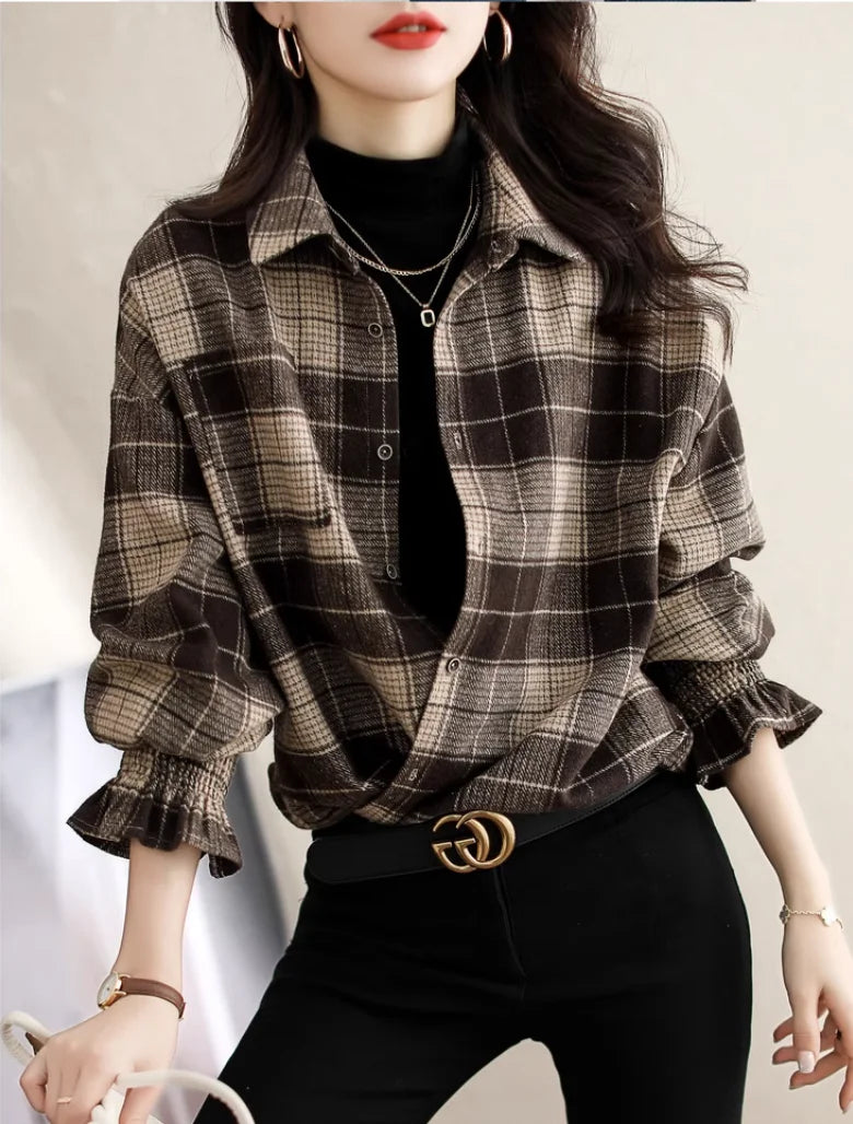 Women Plaid Polyester Lapel Button Front Loose Summer Blouse