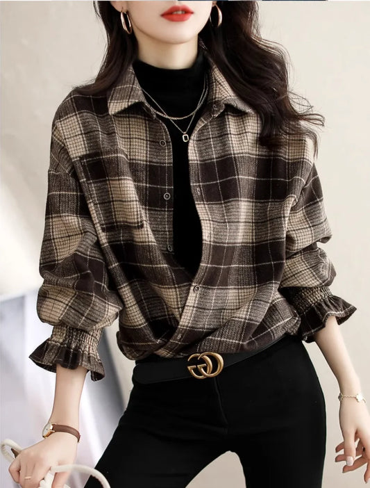 Women Plaid Polyester Lapel Button Front Loose Summer Blouse