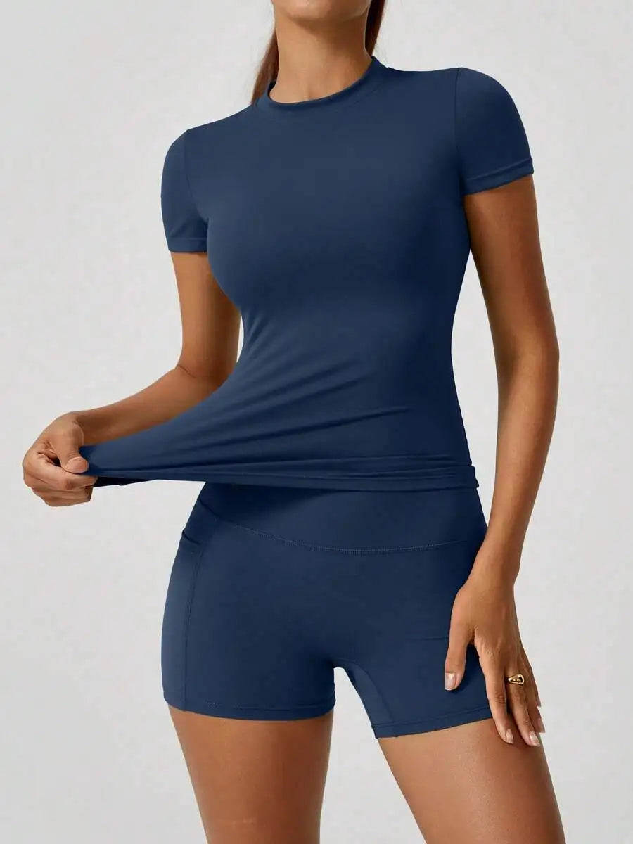 Womens Sports Short Sleeve High Waist Tummy Control Butt Lifting Shorts Set