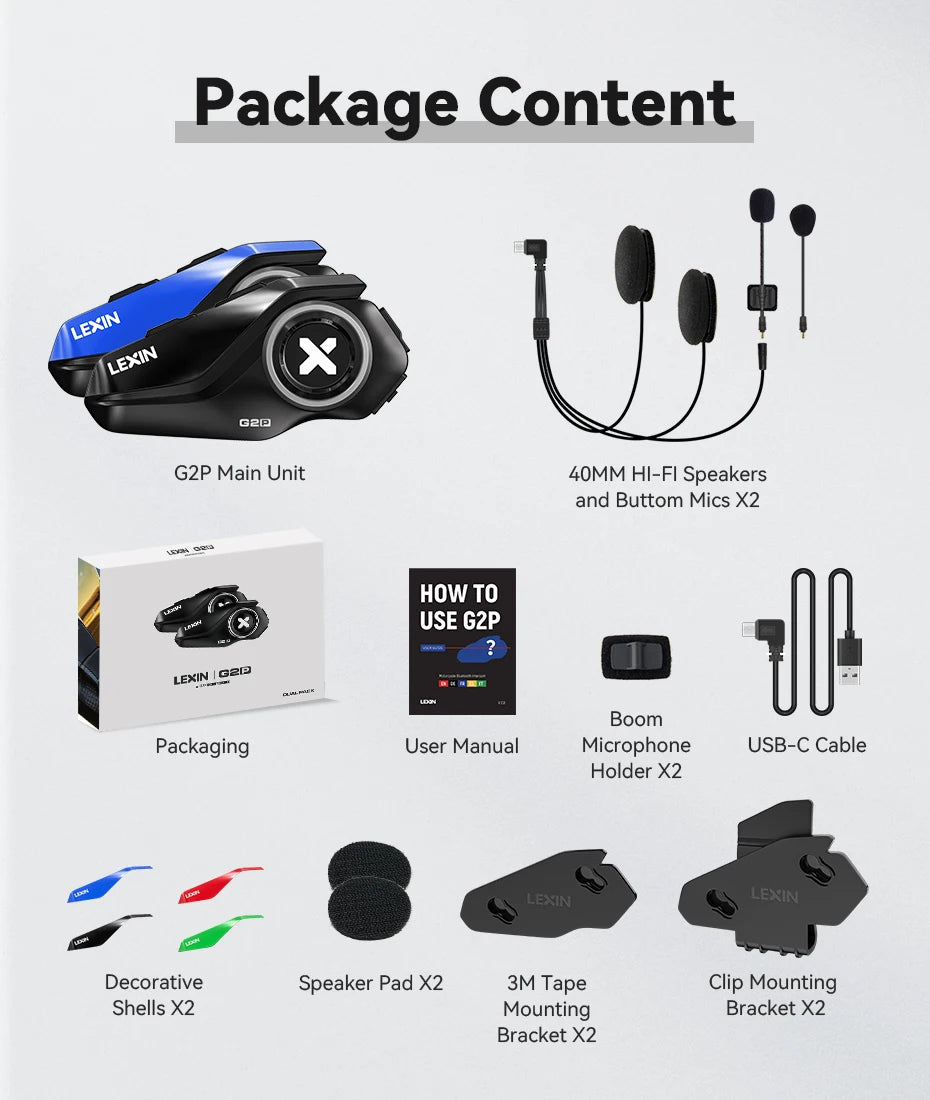 Lexin G2P Motorcycle Bluetooth Headset Intercom For Up To 6 Riders