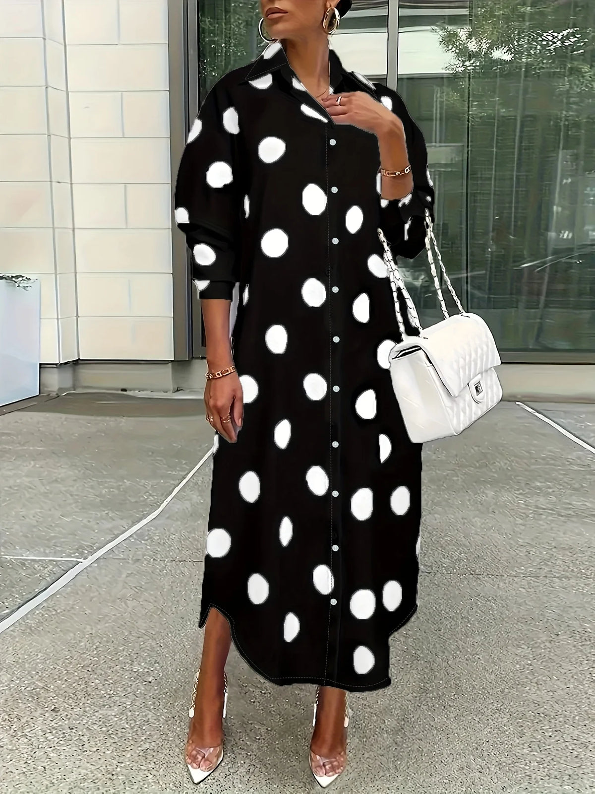 Women's Polka Dot Lapel Long Sleeve Midi Shirt Dress