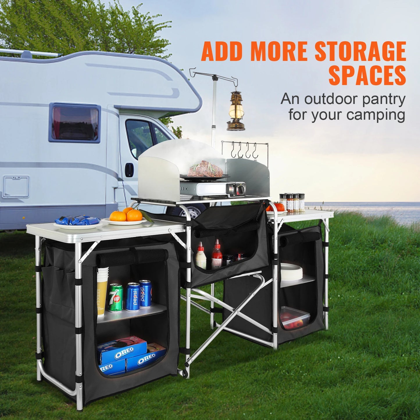 SucceBuy Foldable Camping Kitchen Table And Storage Rack Outdoor Cooking