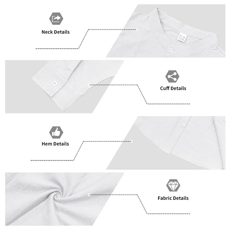 Men Linen Button Down Shirt With Mandarin Collar Chest Pocket Breathable